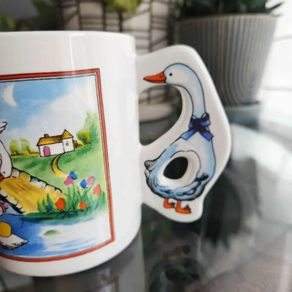 Vintage 1980s Goose Cottage Farmhouse Scene Blue Ribbon Goose Handle Ceramic Mug
